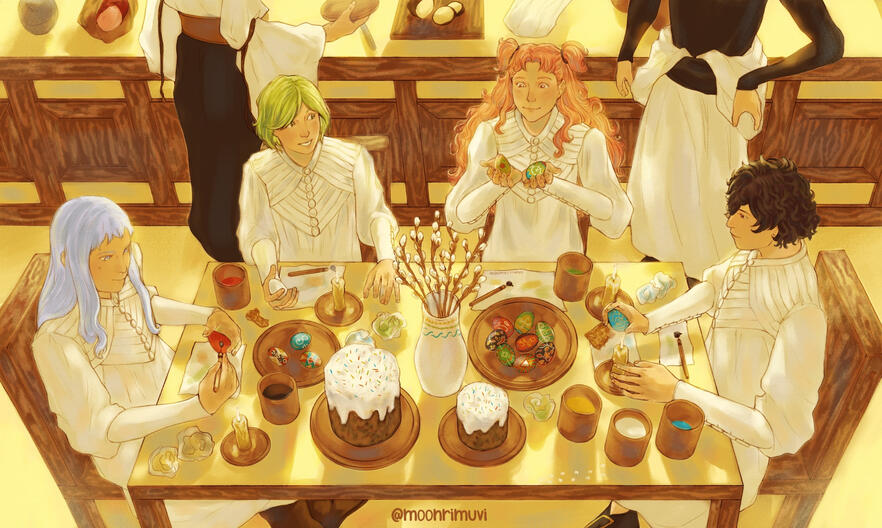 “Making traditional Ukrainian Pysanky together for Easter” (Characters from Witch Hat Atelier)